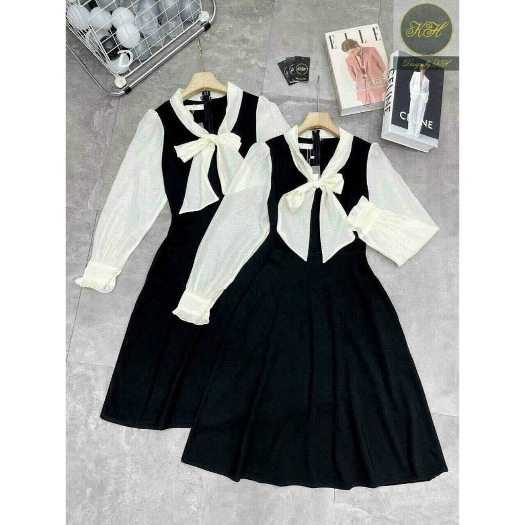 Đầm Dự Tiệc Thời Trang Nữ Phối Voan Chất Umi Cổ Tròn Thắt Nơ Tay Áo Dài Dáng Váy Dài Xoè Maxi Siêu Xinh