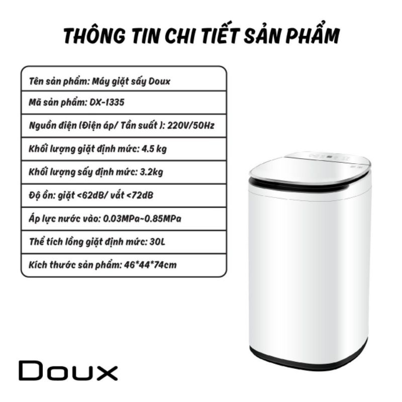 [HOÀN 200K] Máy giặt sấy mini Doux Lux 2023 DX-1335 bản nâng cấp có 12 chế độ giặt