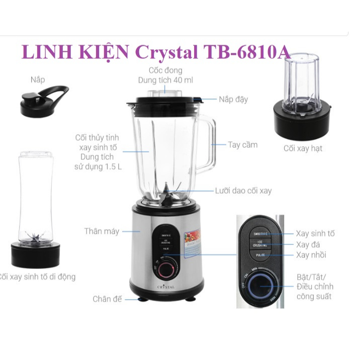 Phụ kiện Cối thuỷ tinh máy xay sinh tố Crystal TB6810A TB-6810A hàng thay thế