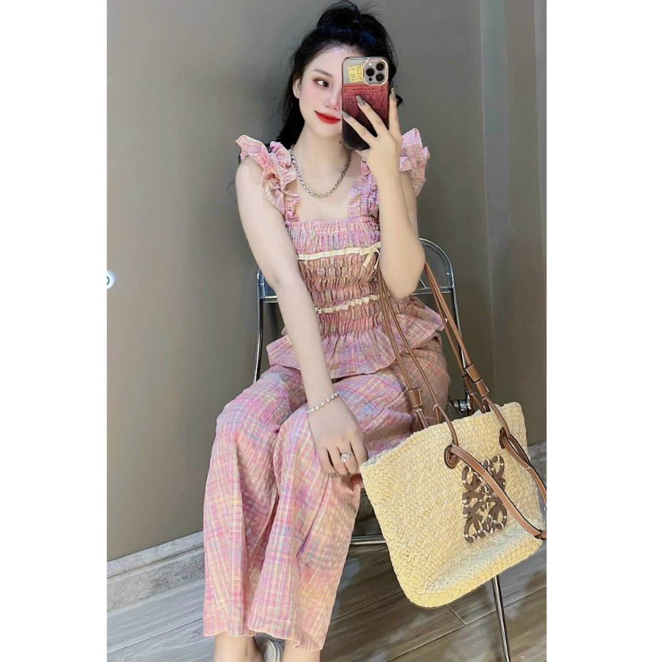 Sét bộ nữ áo cánh tiên kẻ hồng bo chun chiết eo phối quần xuông dịu dàng duyên dáng cho nữ đi chơi đi biển