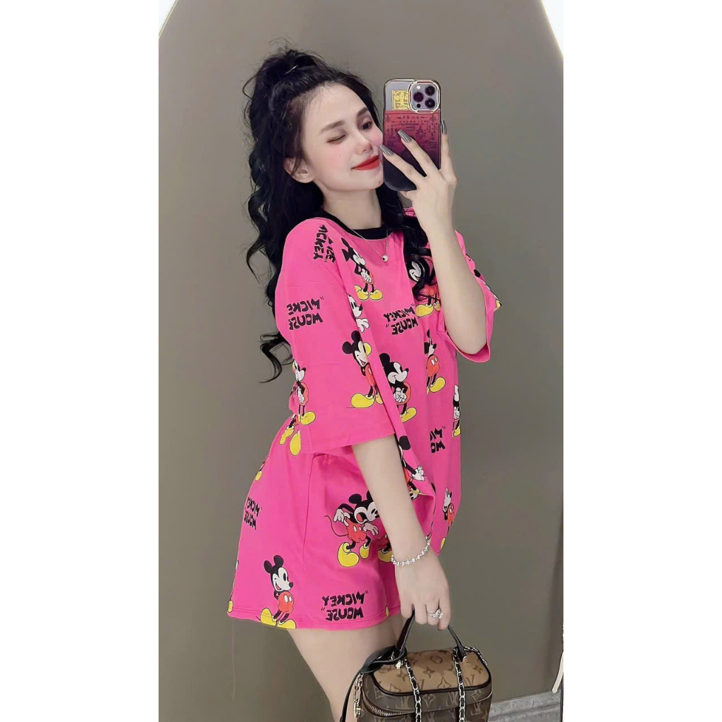 Set đồ thun gân đùi áo thun tay ngắn form rộng in hình chuột Mickey 3D màu sắc trẻ trung năng động