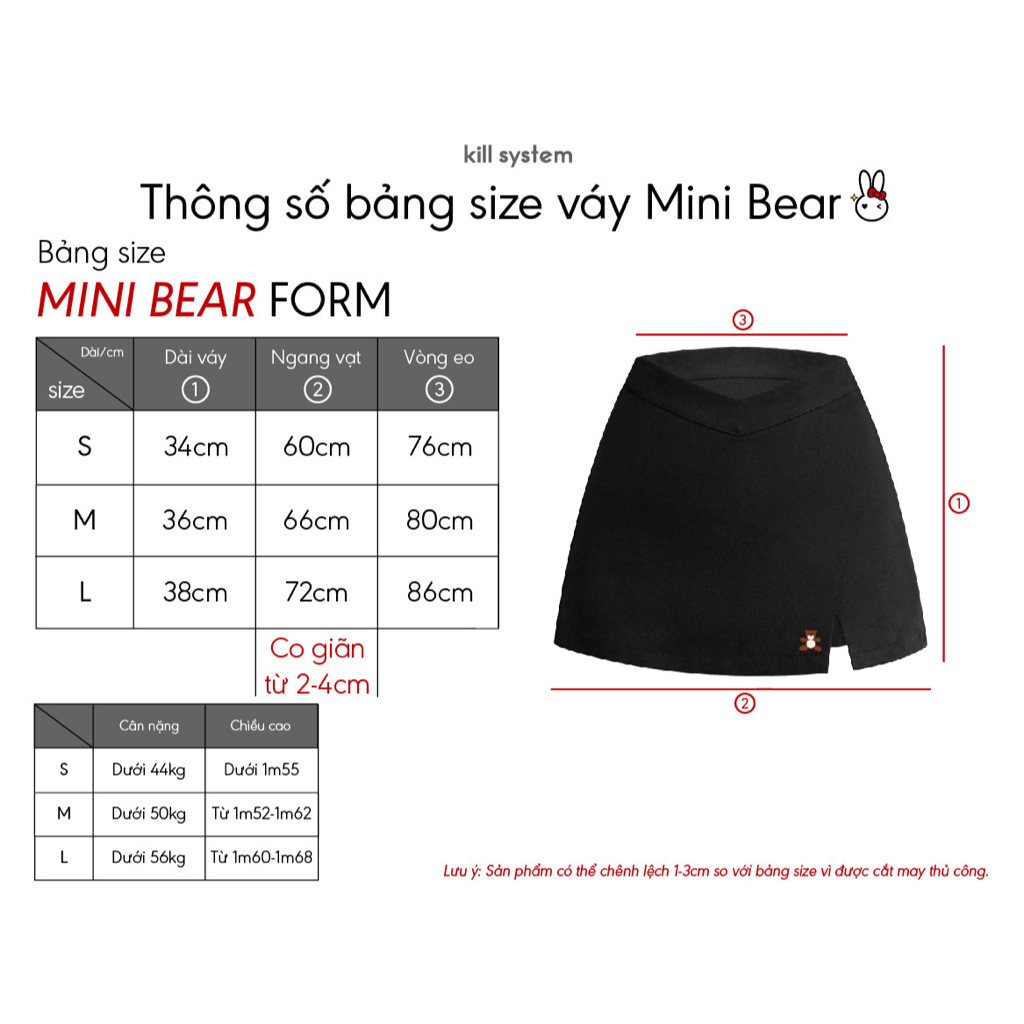 Chân váy ngắn Killsystem Mini Bear Skirt màu đen thêu hình gấu