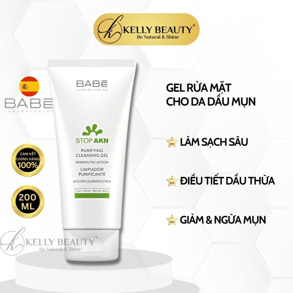 Gel Rửa Mặt Cho Da Dầu Mụn BABE Stop AKN Purifying Cleansing Gel - Làm Sạch Sâu, Kiềm Dầu, Giảm Sưng Viêm | Kelly Beauty