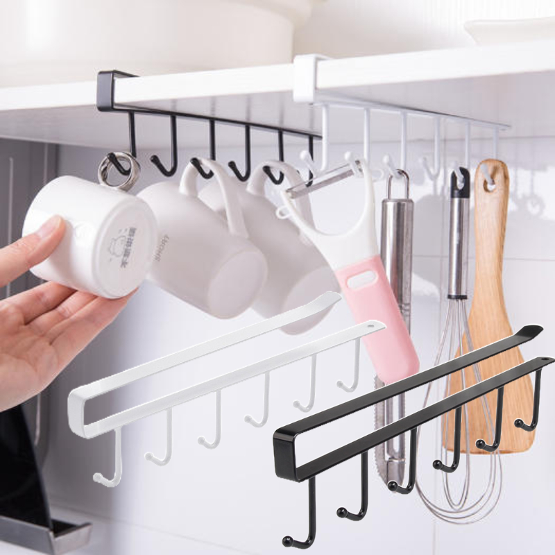 Thanh 6 Móc Treo Đồ Đa Năng Gắn, Cài Kẹp Dưới Tủ Bếp, Kệ Bàn Để Cốc, Ly, Dụng Cụ Nấu Ăn Tiện Dụng Sơn Tĩnh Điện