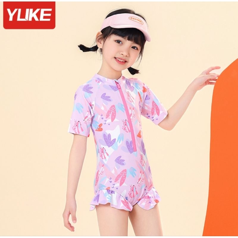 Đồ bơi liền thân tay ngắn cho bé YY90102 hoạ tiết hoa lá và chú cáo nhỏ màu tím hồng dễ thương Yuke