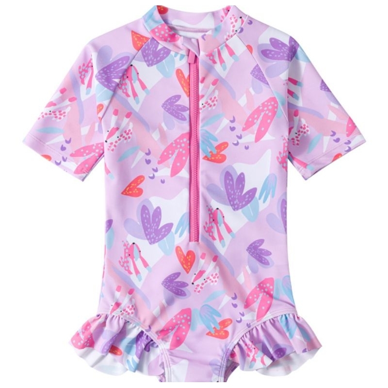 Đồ bơi liền thân tay ngắn cho bé YY90102 hoạ tiết hoa lá và chú cáo nhỏ màu tím hồng dễ thương Yuke