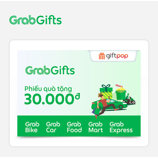 Toàn quốc [Evoucher] Phiếu Quà Tặng GrabGifts 30K - Sử dụng được cho GrabMart, Grab Bike/ Car, Express, Food