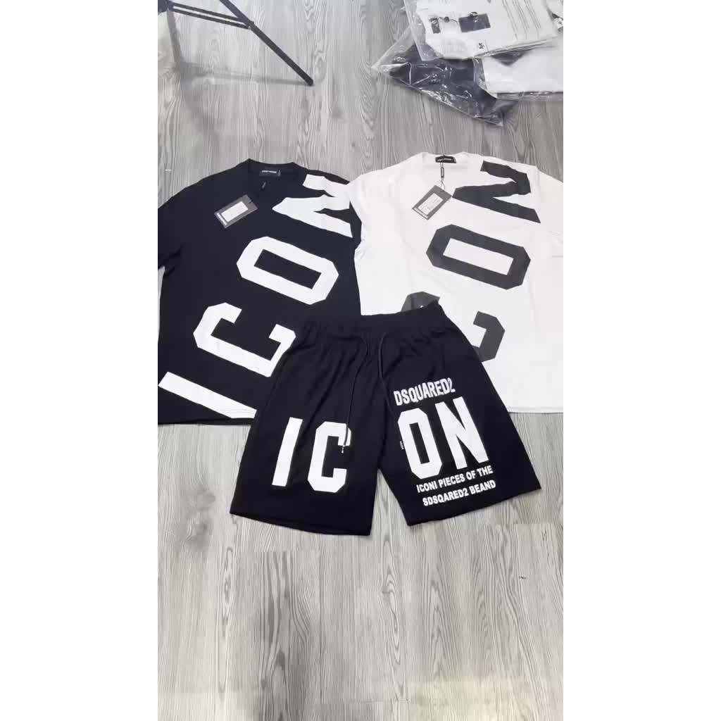 [A2]Bộ Đồ Nam Cộc Tay Mặc Hè Dsq2 In Chữ ICON Chéo Áo Ngang Quần Đen Trắng Vải Cotton Phong Cách Boy Phố Hot 2023