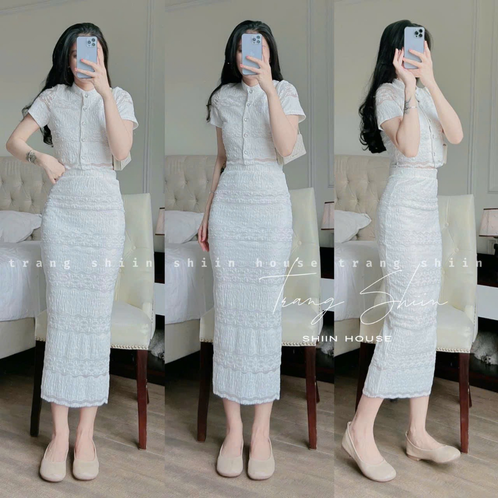 Set váy thời trang nữ thiết kế kiểu áo croprop tay ngắn len ren cài nút kết hợp chân váy midi dáng dài màu trắng sang