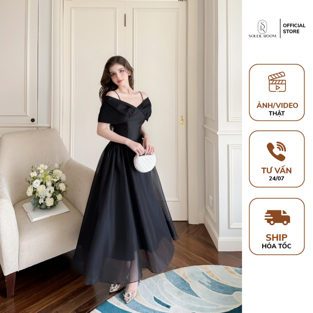 Váy Đầm Nữ Dáng Dài Chiết Eo Nơ Cách Điệu Trễ Vai SOLEIL ROOM Tiểu Thư Chống Nhăn Mềm Mại FIONA DRESS