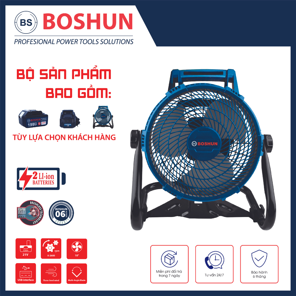 Quạt Tích Điện Boshun 199Vf - Pin Dùng 8 Giờ - Cắm Được Điện Lưới 220V