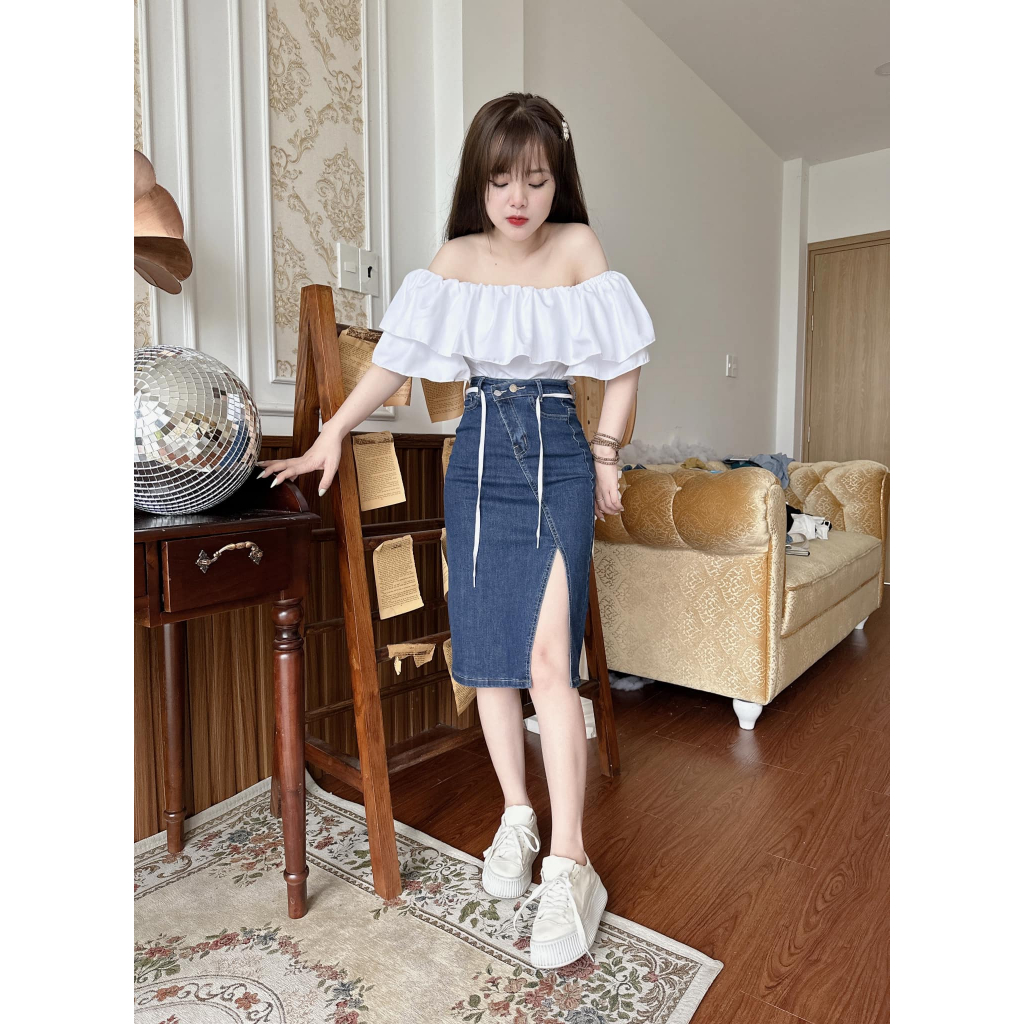 CHÂN VÁY JEAN DÀI XẺ CÓ DÂY TRẮNG