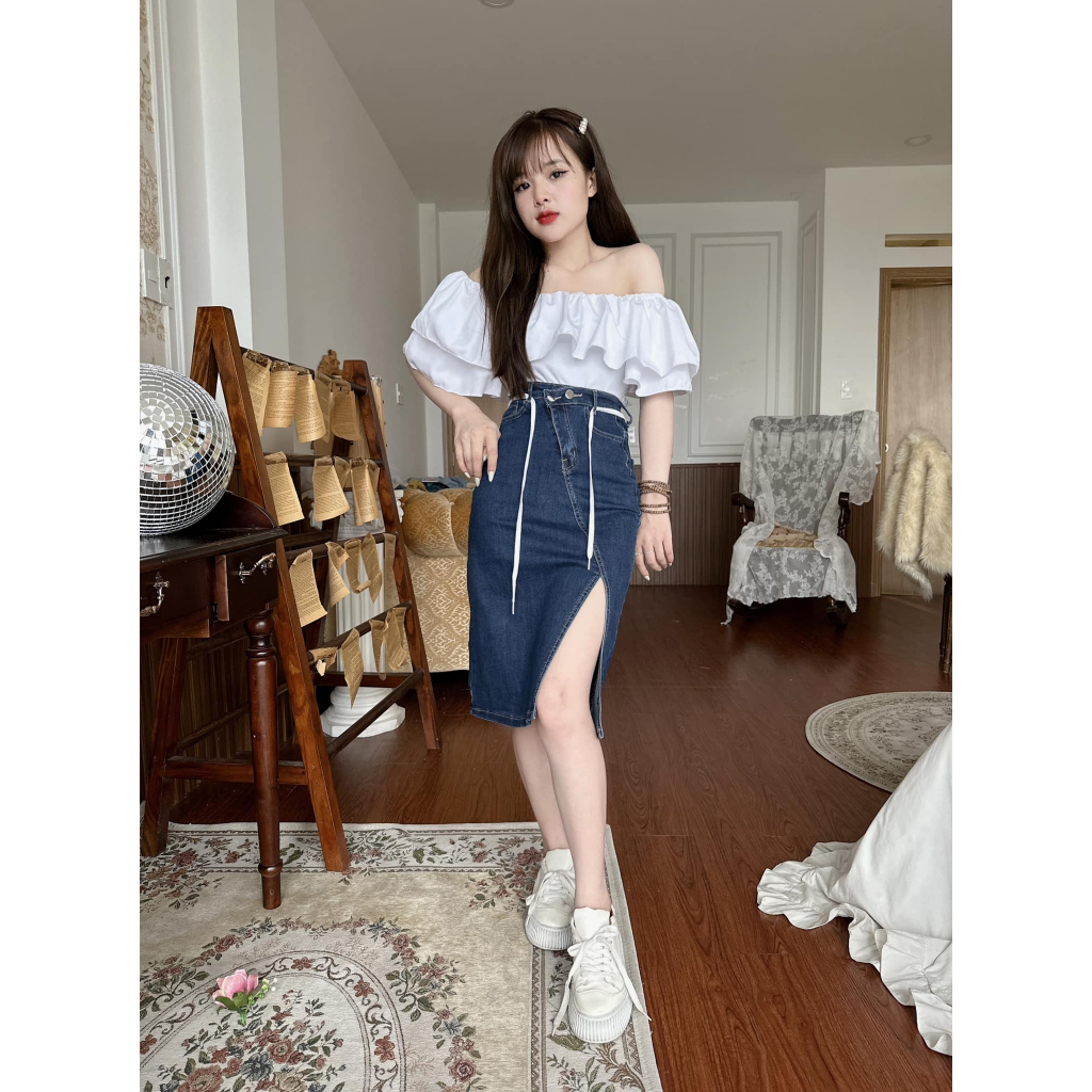 CHÂN VÁY JEAN DÀI XẺ CÓ DÂY TRẮNG