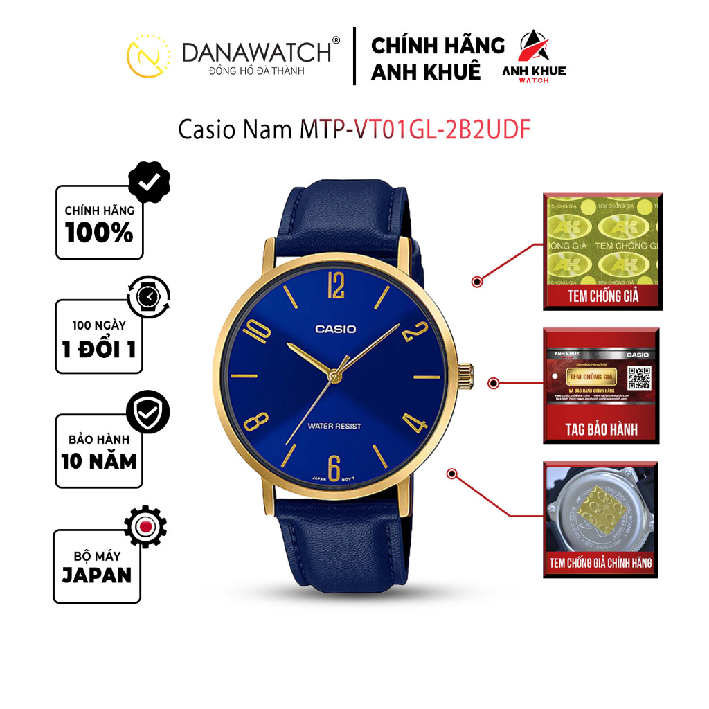 Đồng hồ Casio Nam chính hãng Casio Nhật Bản MTP-VT01GL-2B2UDF dây da chính hãng chống nước tốt