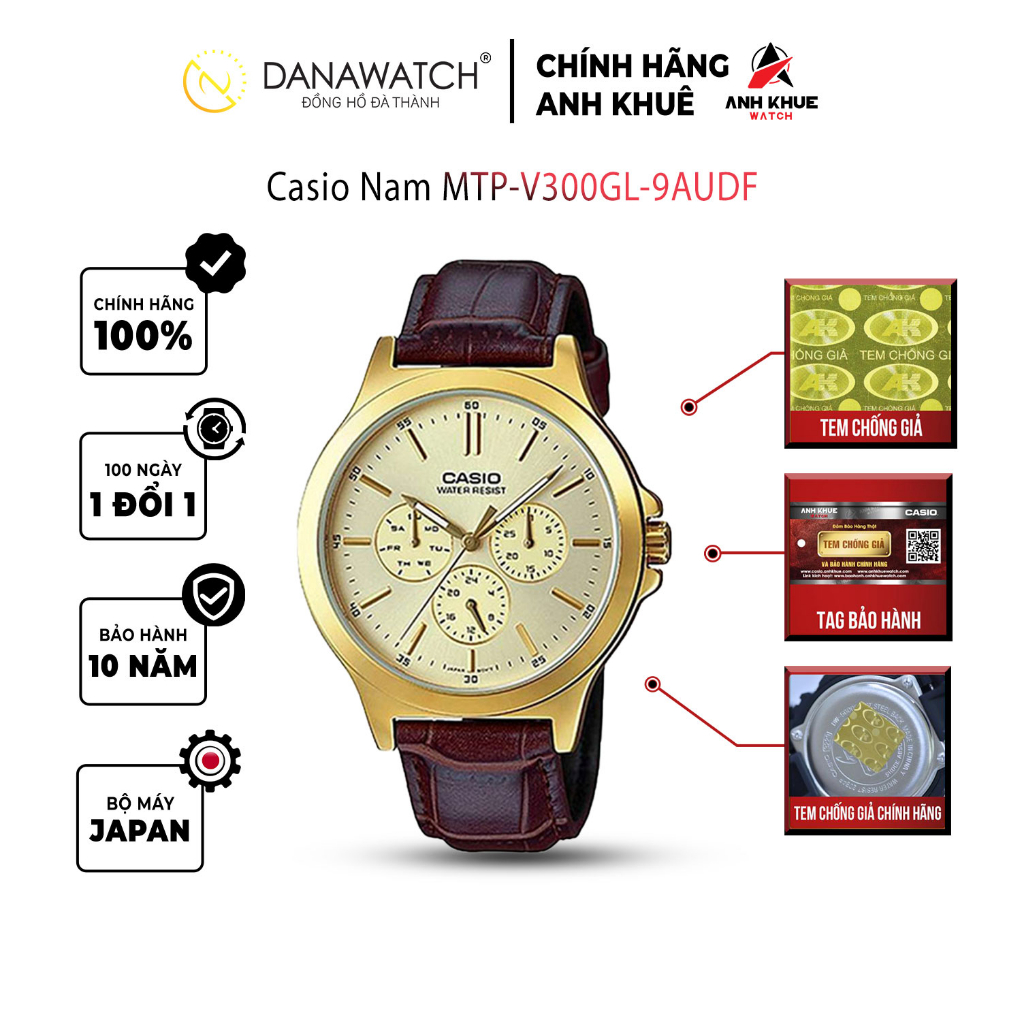 Đồng hồ Casio Nam chính hãng Casio Nhật Bản MTP-V300GL-9AUDF dây da chính hãng chống nước tốt
