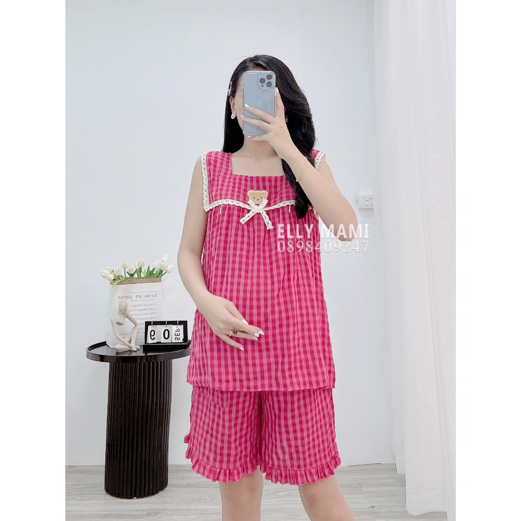 ( 40kg - 85kg ) Đồ Bộ Bầu Và Sau Sinh Lửng Nhiều Màu Caro Gấu Viền Ren Siêu Mát , Nhẹ Tênh Form Dễ Mặc