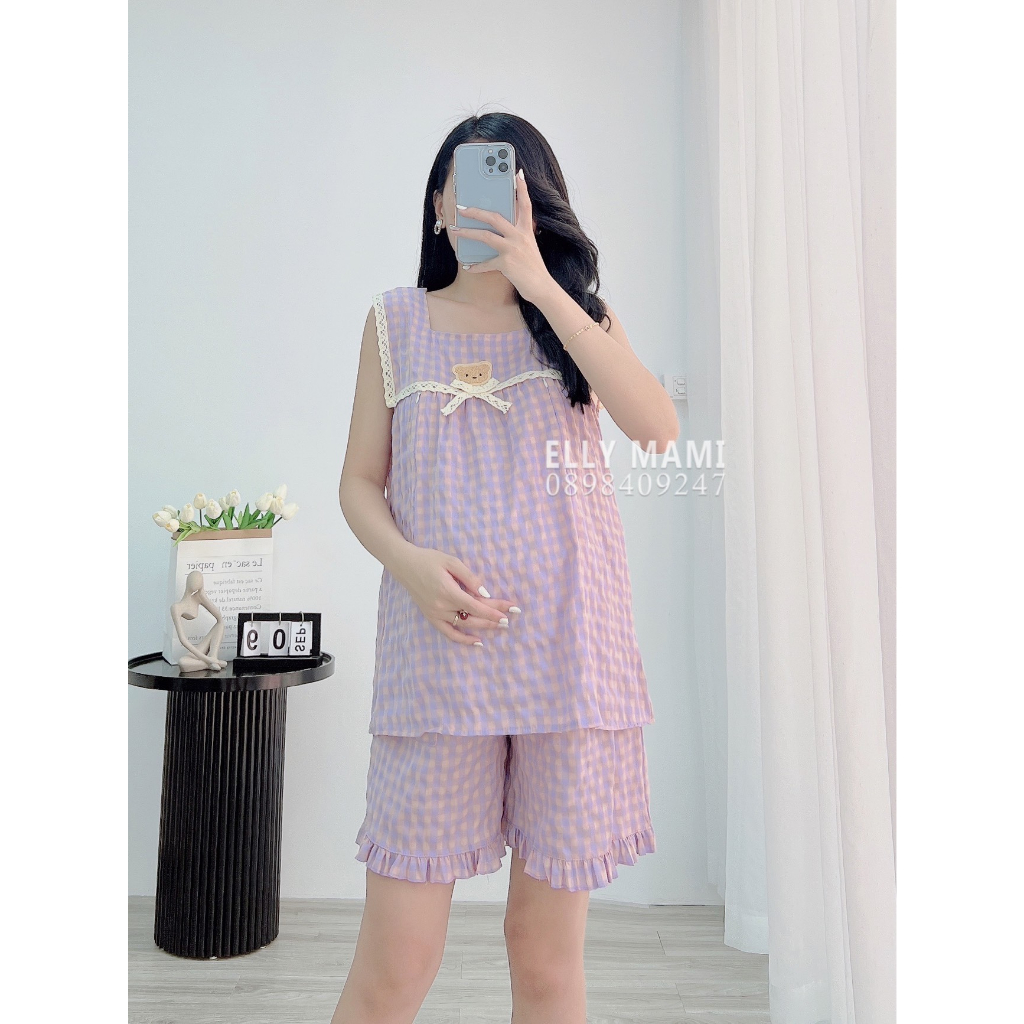 ( 40kg - 85kg ) Đồ Bộ Bầu Và Sau Sinh Lửng Nhiều Màu Caro Gấu Viền Ren Siêu Mát , Nhẹ Tênh Form Dễ Mặc