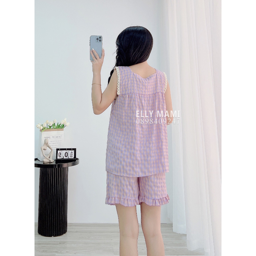 ( 40kg - 85kg ) Đồ Bộ Bầu Và Sau Sinh Lửng Nhiều Màu Caro Gấu Viền Ren Siêu Mát , Nhẹ Tênh Form Dễ Mặc