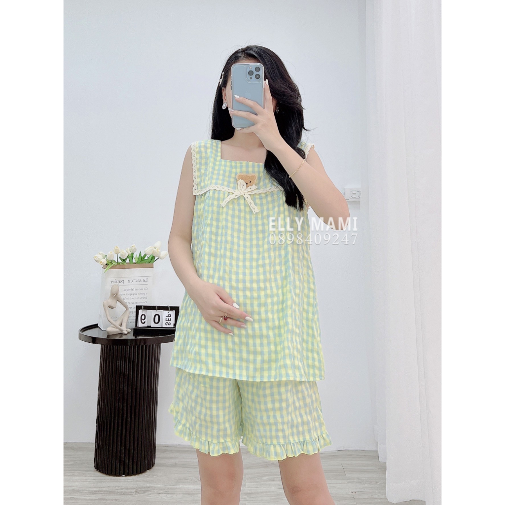 ( 40kg - 85kg ) Đồ Bộ Bầu Và Sau Sinh Lửng Nhiều Màu Caro Gấu Viền Ren Siêu Mát , Nhẹ Tênh Form Dễ Mặc