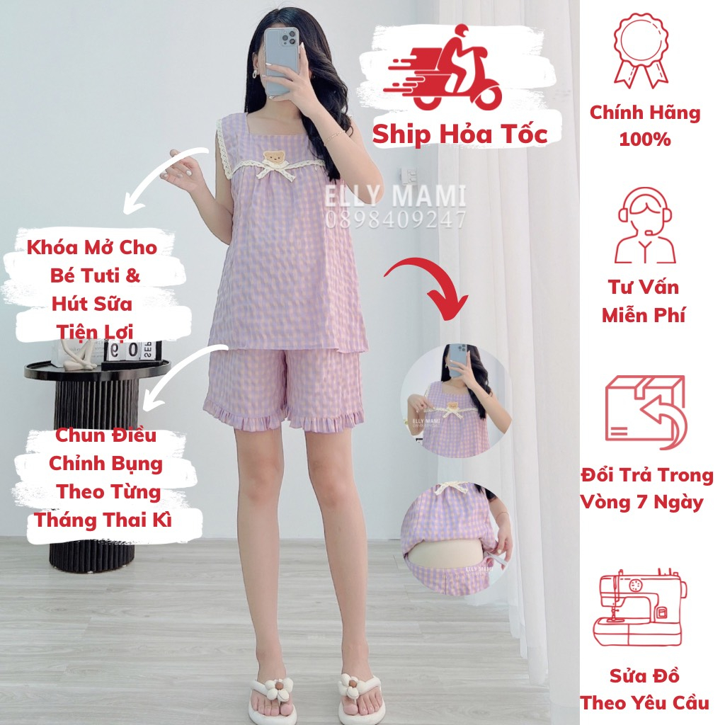 ( 40kg - 85kg ) Đồ Bộ Bầu Và Sau Sinh Lửng Nhiều Màu Caro Gấu Viền Ren Siêu Mát , Nhẹ Tênh Form Dễ Mặc