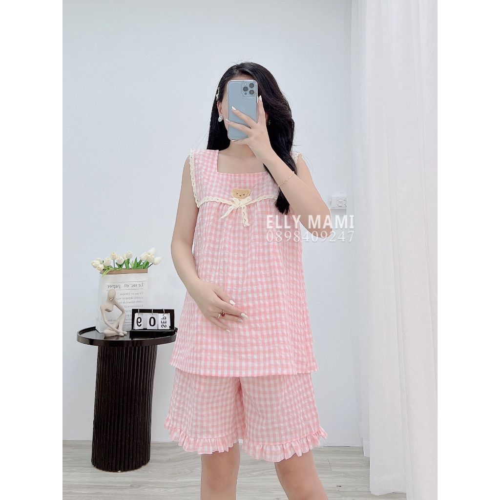 ( 40kg - 85kg ) Đồ Bộ Bầu Và Sau Sinh Lửng Nhiều Màu Caro Gấu Viền Ren Siêu Mát , Nhẹ Tênh Form Dễ Mặc