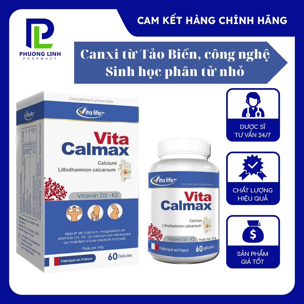Vita Calmax (60 viên) Châu Âu, Bổ sung Calci từ Tảo Biển, D3 K2 giúp xương chắc khỏe, không gây nóng, không lắng cặn