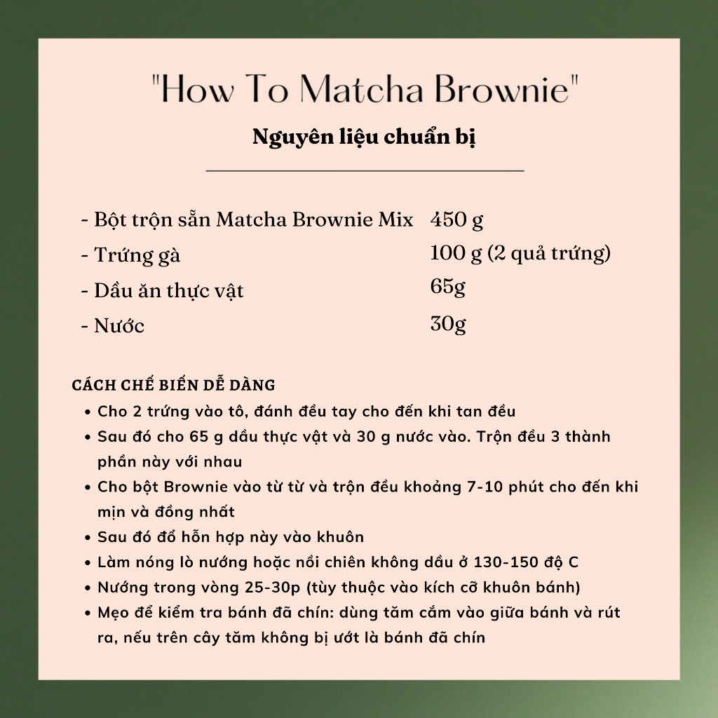 Bột Làm Bánh BROWNIE MATCHA Trộn Sẵn - Matcha Brownie Mix 450gr - Sản Phẩm Thái Lan Nhập Khẩu Chính Hãng