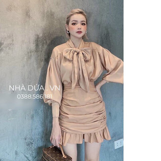 Sét áo cổ nơ kèm váy nhún thanh lịch - set trang phục mặc đi học đi chơi đi làm- áo nơ kèm chân váy