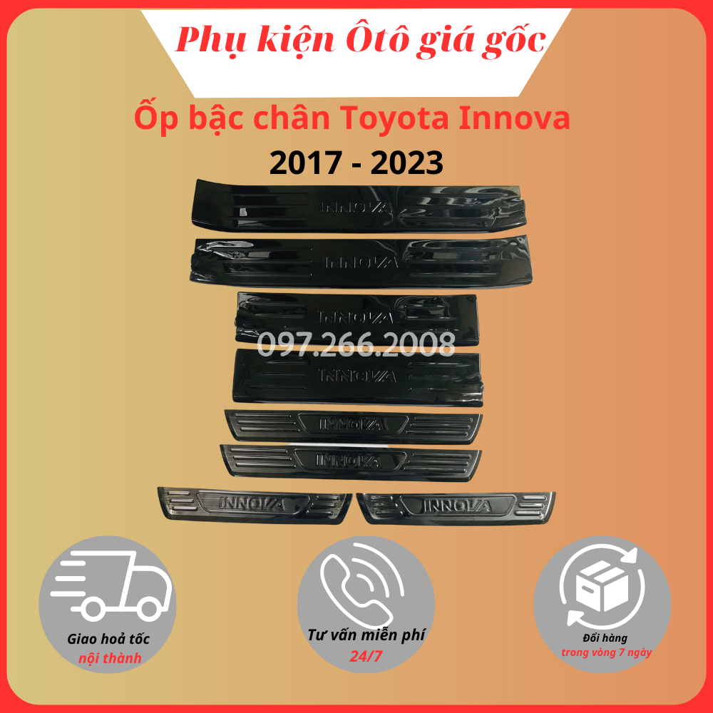 Ốp bậc cửa, nẹp bước chân trong, ngoài xe Toyota Innova 2017 - 2021, 2022, 2023 titan phay xước cao cấp