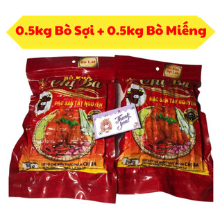 Combo bò khô 500g miếng + 500g sợi khô bò tây nguyên chị ba gia lai thịt bò khô ăn ngon đồ ăn vặt vệ sinh