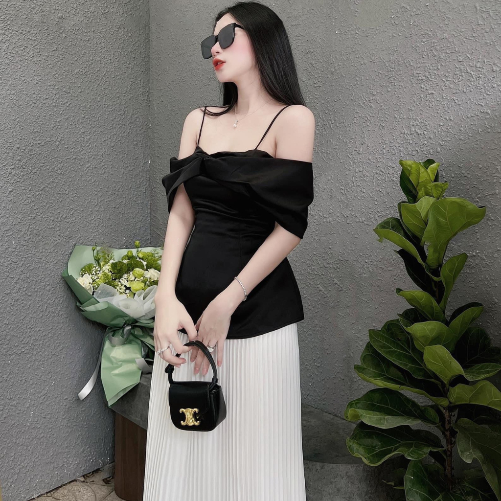 Áo Peplum Hai Dây Xếp Ngực Trễ Vai Lụa Phi Bóng Nhẹ Chuẩn Form- S07