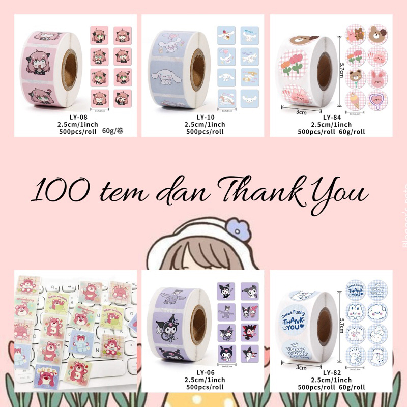 Set 100 miếng dán hoạt hình ngộ nghĩnh, tem dán sticker thank you gói hàng, quà tặng