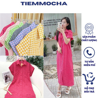 Váy sơ mi tay hến kẻ caro váy sơ mi suông dáng dài tay hến đủ size 261
