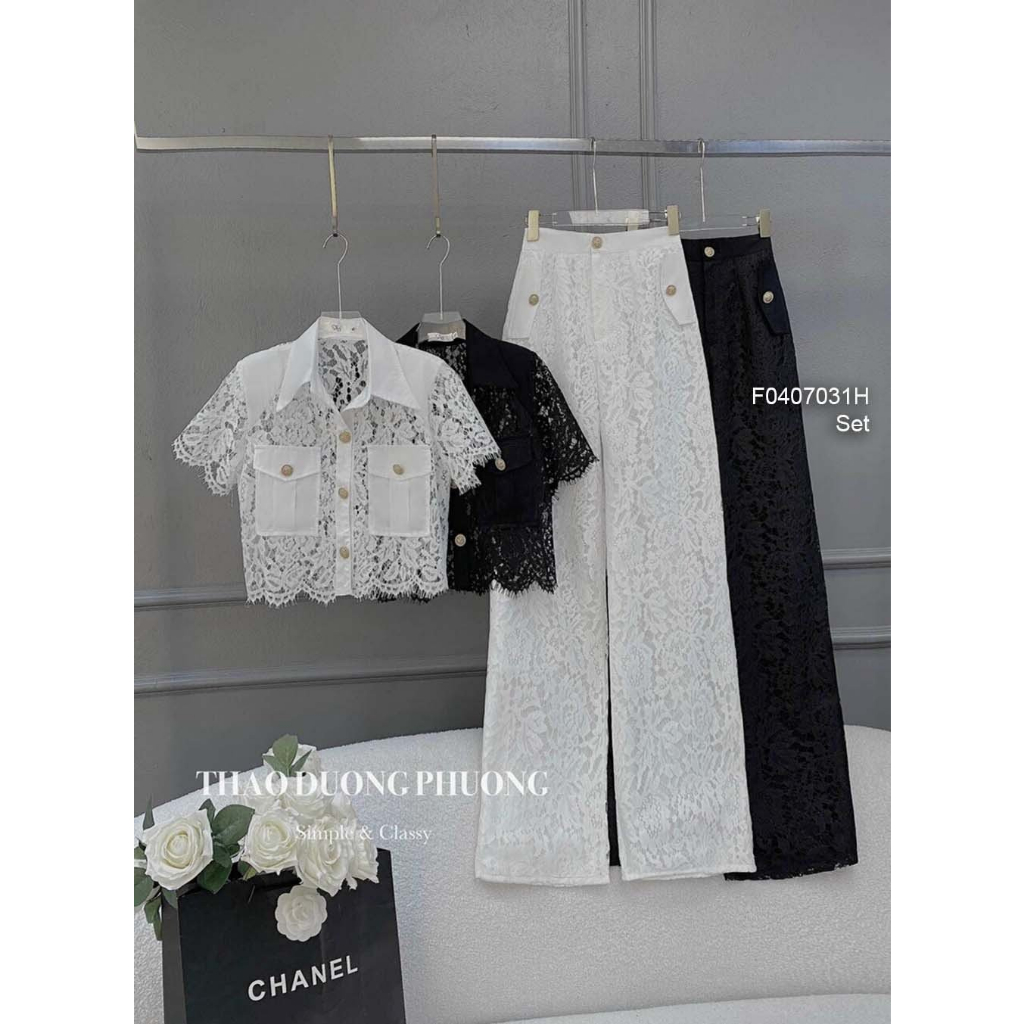 Set bộ ren 2 món áo cổ sơ mi dáng ngắn có túi tay con kèm quần suông dài!