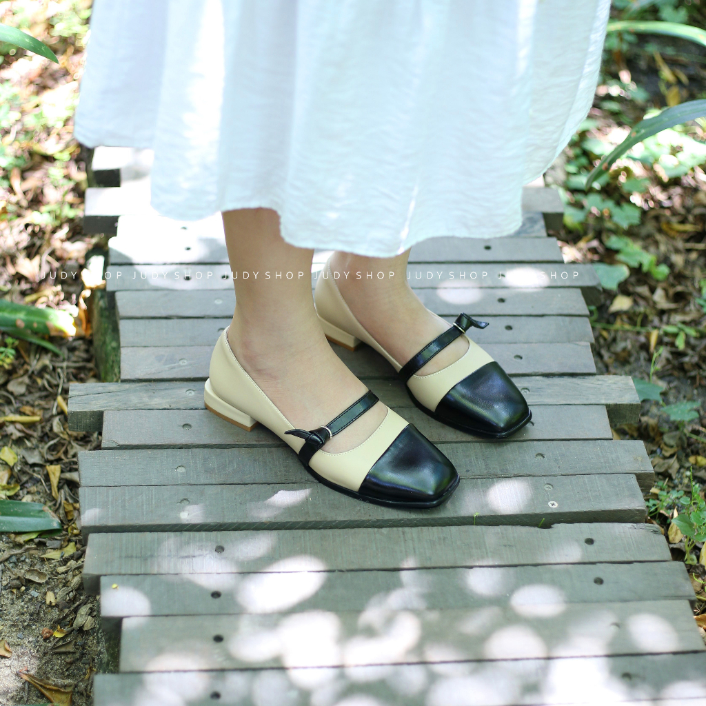 Giày Vintage - Giày Nữ Phối Mũi Quai Ngang Da Mềm Nơ Thắt Cao 2p