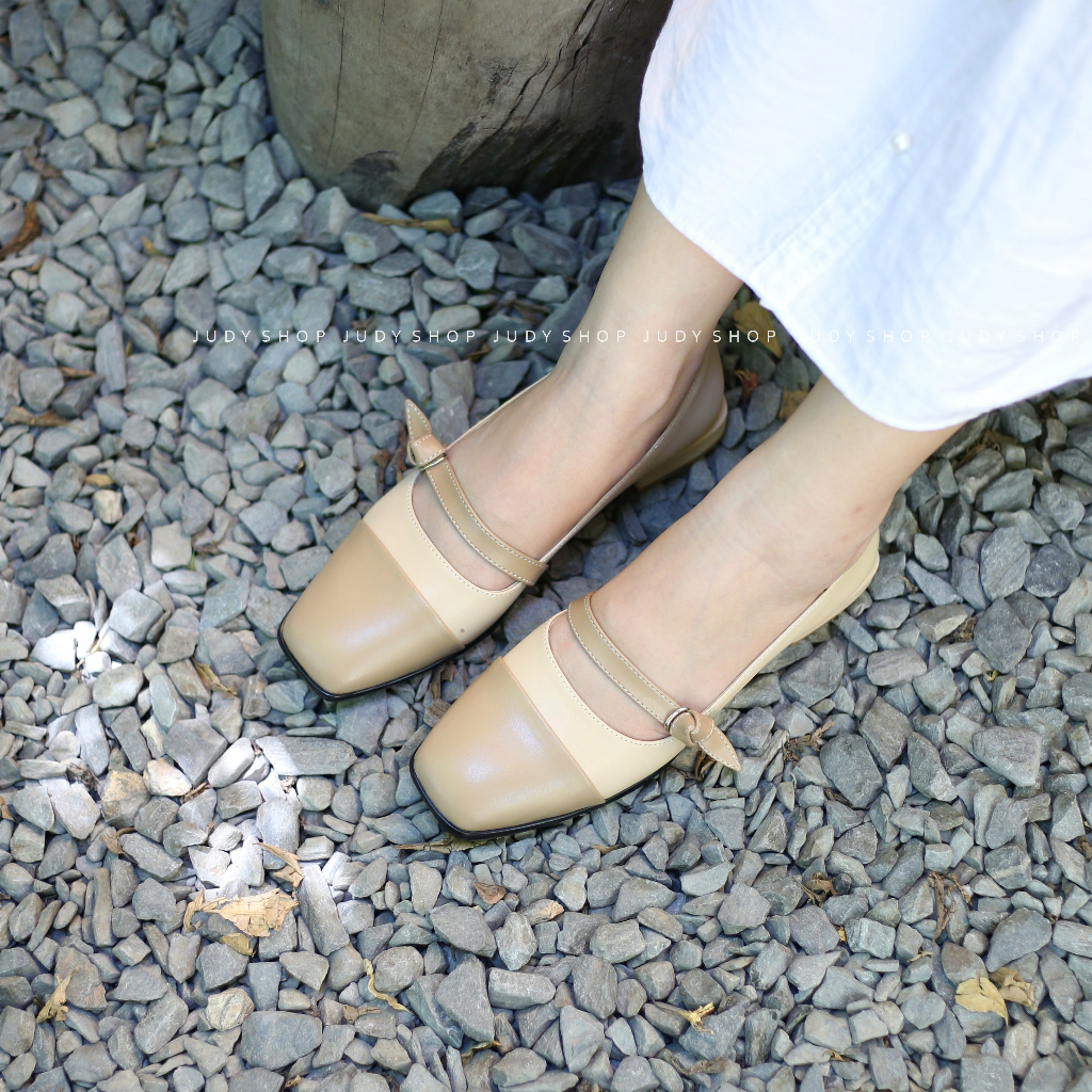 Giày Vintage - Giày Nữ Phối Mũi Quai Ngang Da Mềm Nơ Thắt Cao 2p