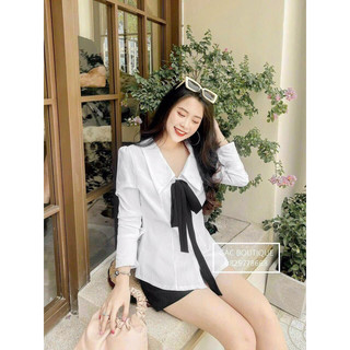 Sét váy tiểu thư thời trang nữ mặc đi chơi áo sơ mi Kate cột nơ ngực phối chân váy xếp ly chất Cát Hàn có quần trong,