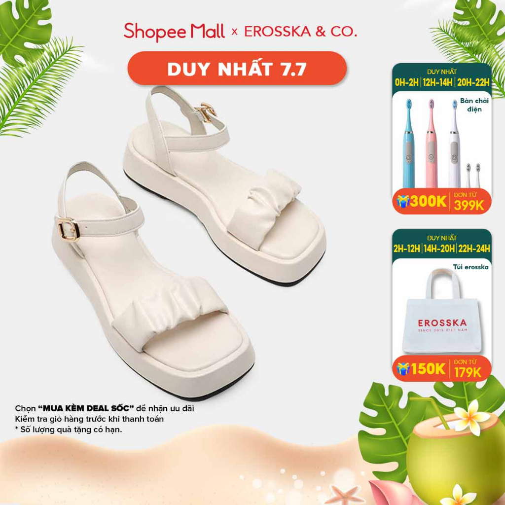 Erosska - Giày Sandal nữ đế xuồng quai nhún da mềm thoải mái cao 3cm màu kem - SB018