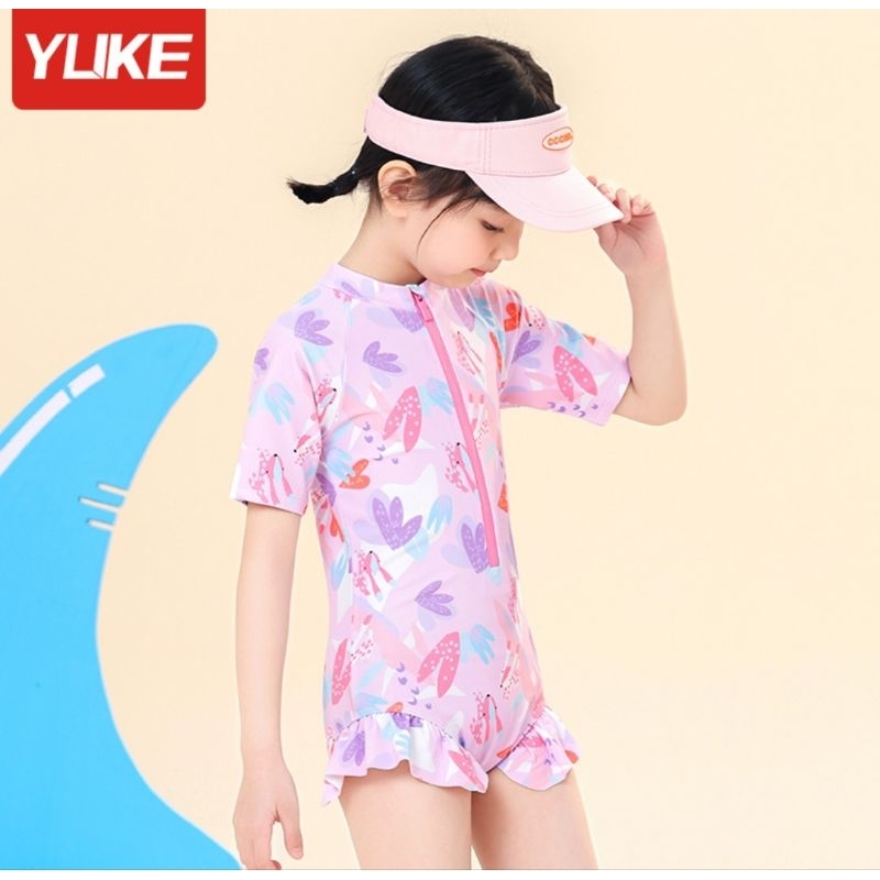 Đồ bơi liền thân tay ngắn cho bé YY90102 hoạ tiết hoa lá và chú cáo nhỏ màu tím hồng dễ thương Yuke