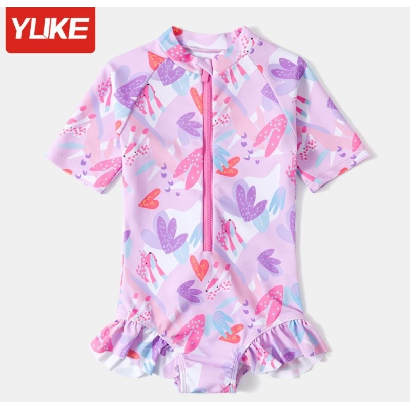 Đồ bơi liền thân tay ngắn cho bé YY90102 hoạ tiết hoa lá và chú cáo nhỏ màu tím hồng dễ thương Yuke