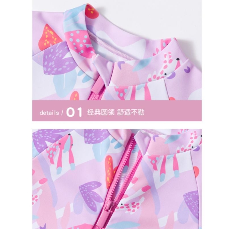 Đồ bơi liền thân tay ngắn cho bé YY90102 hoạ tiết hoa lá và chú cáo nhỏ màu tím hồng dễ thương Yuke