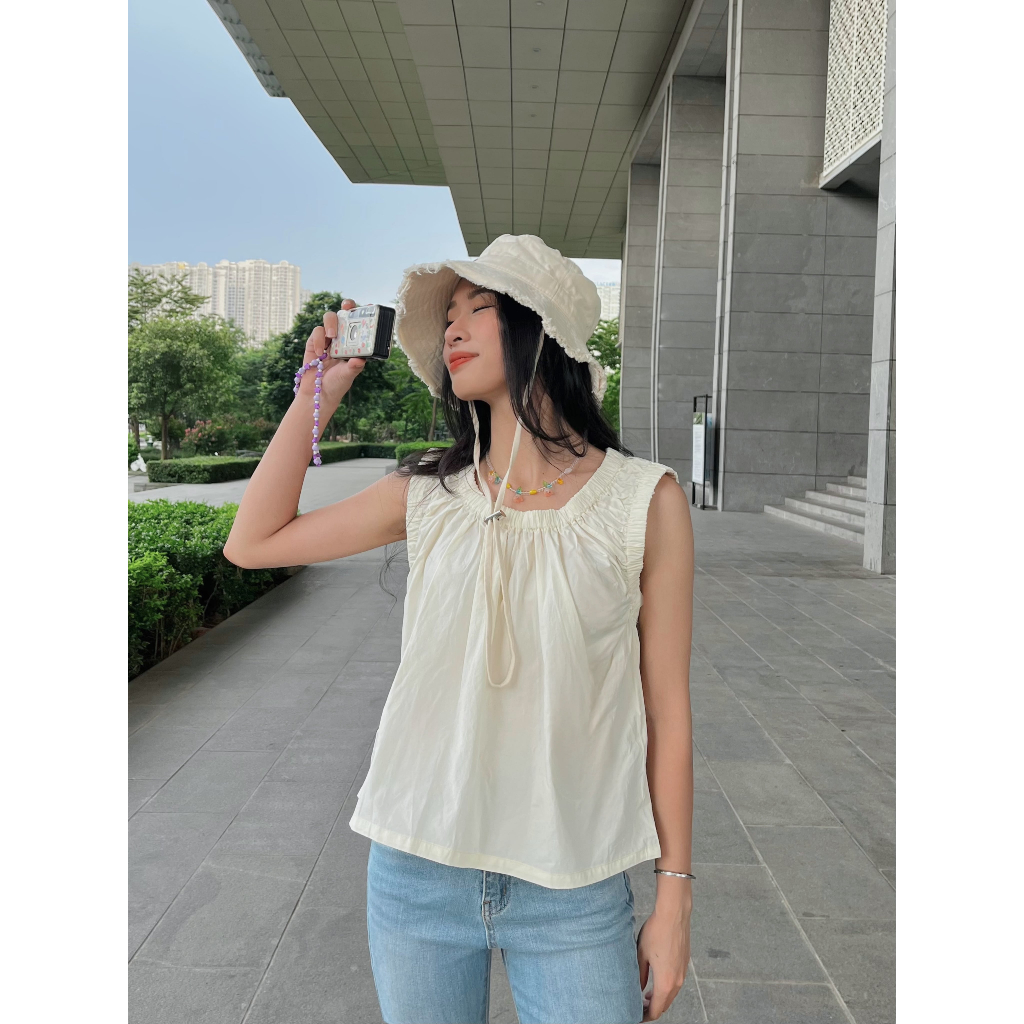 Áo Sát Nách Dáng Baby Doll Cổ Tròn Bo Thun, Áo Ba Lỗ Nữ Tay Chun Dáng Xuông Màu Quả Mơ