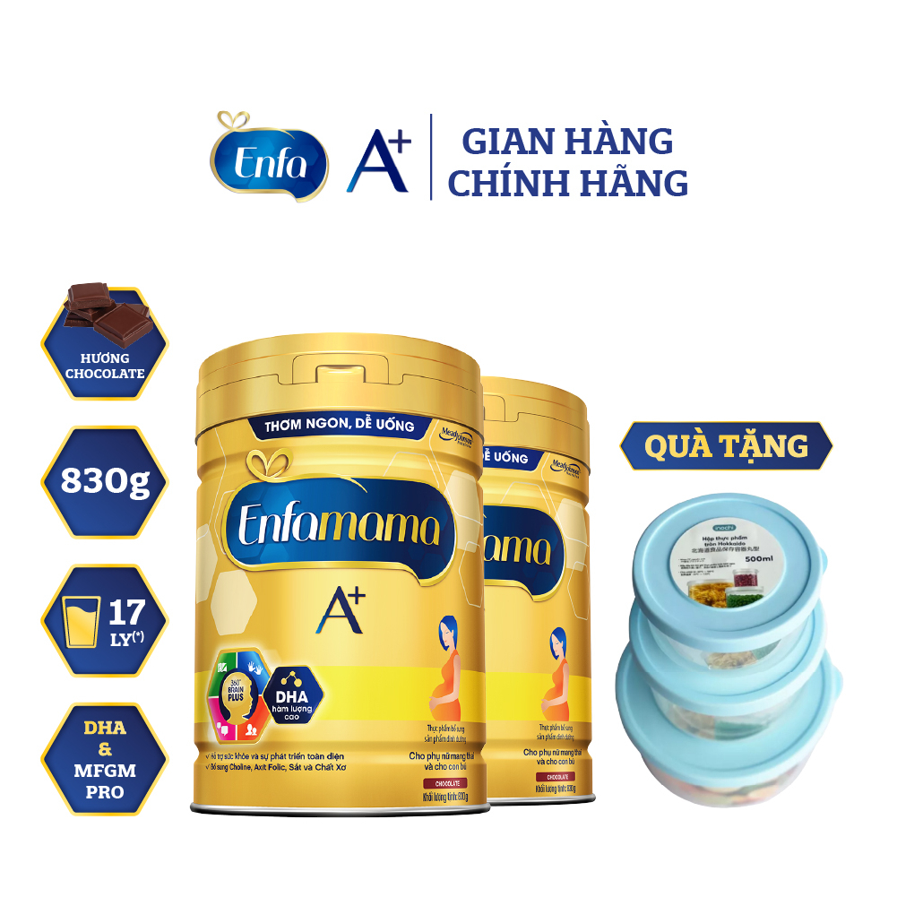 [Tặng bộ 3 hộp thực phẩm] Bộ 2 sữa Bầu Enfamama A+ - Hương Chocolate 830g/lon