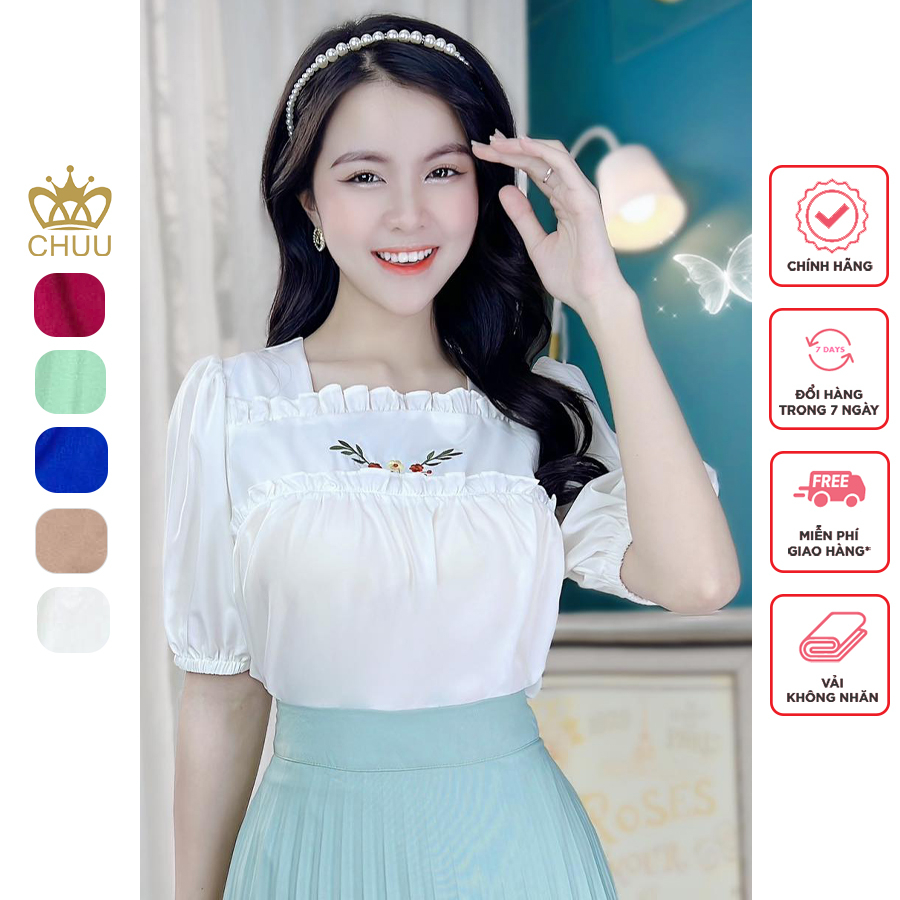 Áo sơ mi nữ tay bồng cổ vuông viền bèo kiểu hanbok thêu hoa xinh xắn CHUU A9329