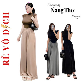 S776 Set cotton lạnh áo dúm eo mix quần siêu rộng phủ gót che khuyết điểm