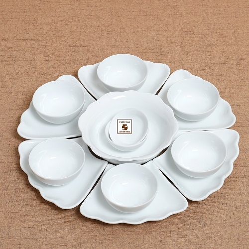 Bộ Bát đĩa hoa mặt trời trắng tinh, Bát đĩa gốm Bát tràng cao cấp, Bày cơm cúng ngày giỗ tết