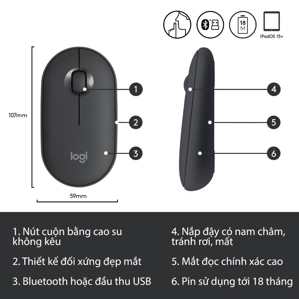 Chuột Logitech M350 Pebble không dây - Bluetooth/ USB, nhỏ gọn, giảm ồn, MacOS / PC - Bảo hành 12 tháng
