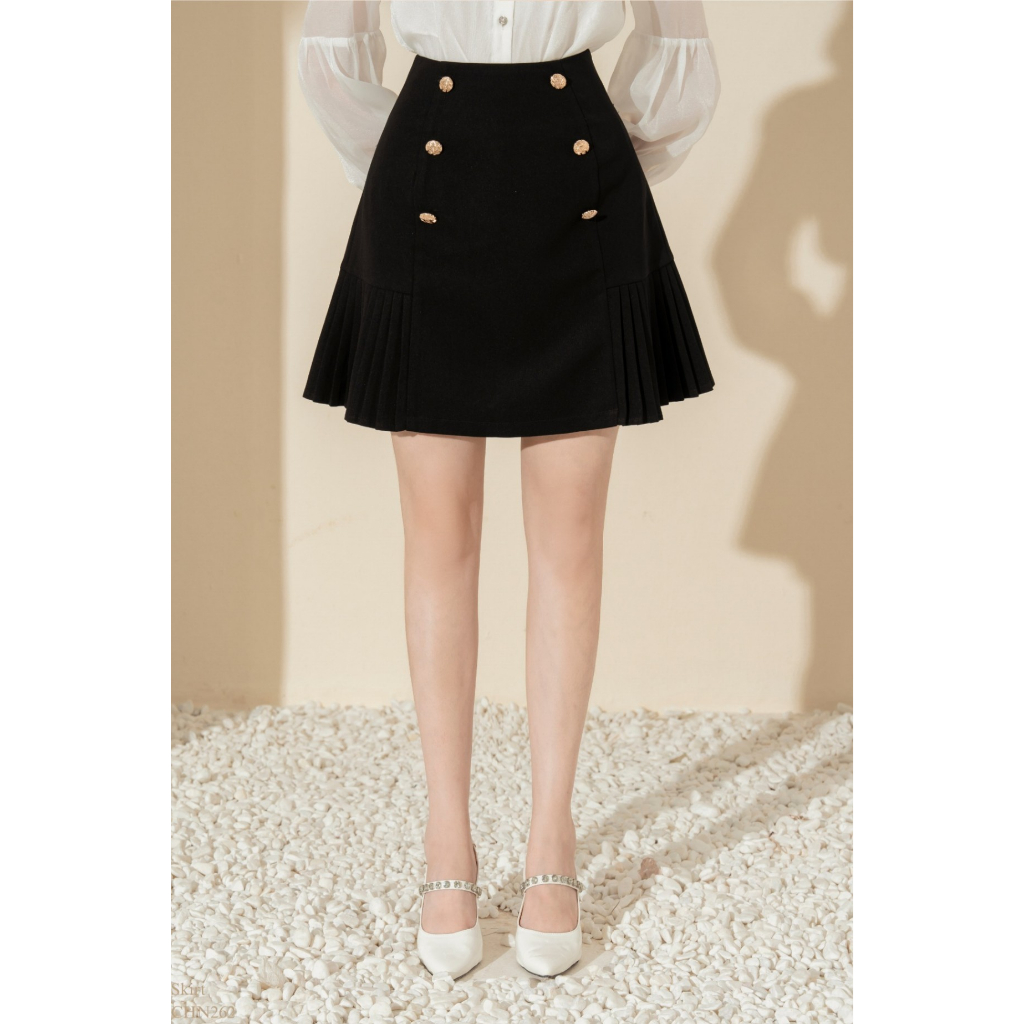 Chân váy đính khuy gấu xoè dập ly 2 bên chất tuyết mưa - CHN262