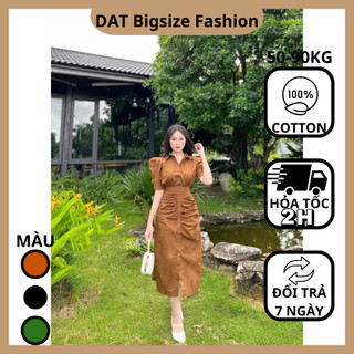 Đầm Nữ Bigsize Tay Phồng Phối Nút Dáng Dài 100% Cotton Lạnh Che Khuyết Điểm Cho Người Mập 50-90kg