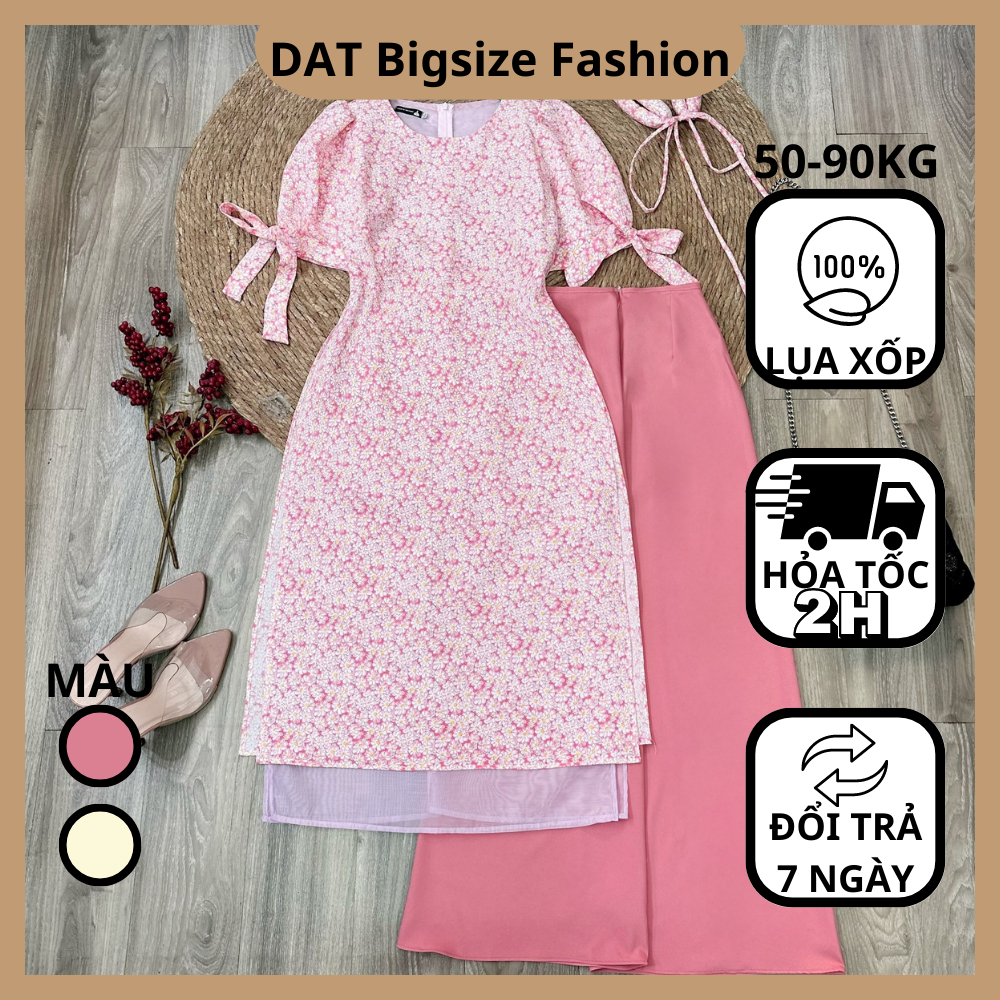 Áo dài bigsize nữ cách tân kiểu tay cột nơ kèm quần 50 - 90 kg - Datbigsize